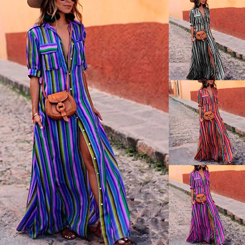 

Women Boho Colourful Striped V-Neck Long Maxi Dress for Summer FDC99