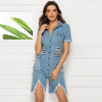 

Sexy Denim Jumpsuit Overalls Women Party Summer Playsuits Hole Button Jeans Romper Female Fashion Short Jumpsuit