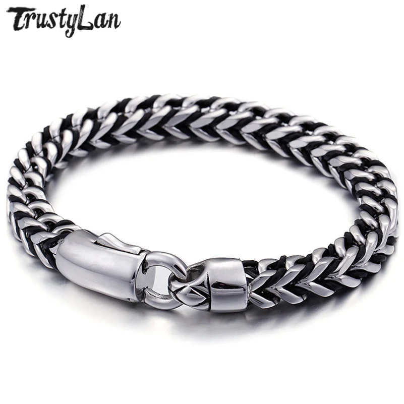 TrustyLan Модный Блестящий серебряный цвет 316L браслет из нержавеющей стали мужские браслеты из натуральной кожи Дружбы мужские браслеты и браслеты