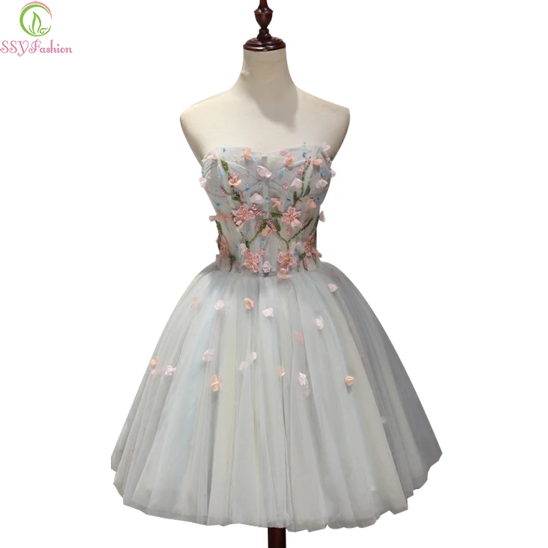 

SSYFashion New Sweet Flower Short Cocktail Dresses Strapless Sleeveless Mini Sexy Part Gown Banquet Formal Dress Robe De Soiree