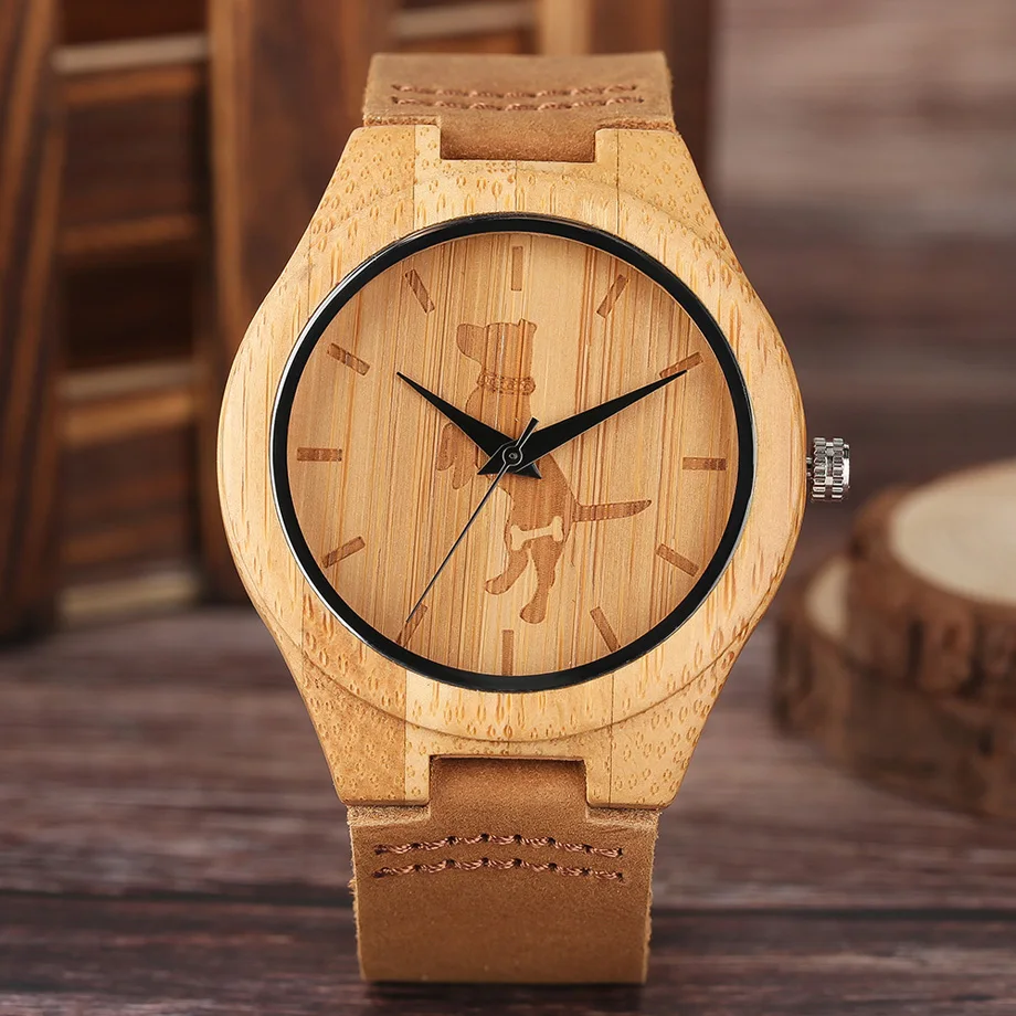 High Quality Men Wood Watch Natural Bamboo Wooden Handamde Lighweight Quartz Wristwatch CatDog Pattern Cute Animal Clock (31)