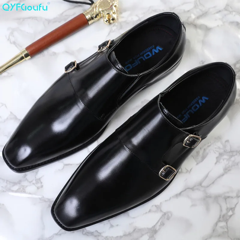 

2019 New Handmade Genuine Leather Formal Shoes Men Luxury Wedding Derby Shoes Square Toe Double Monk Strap Shoes