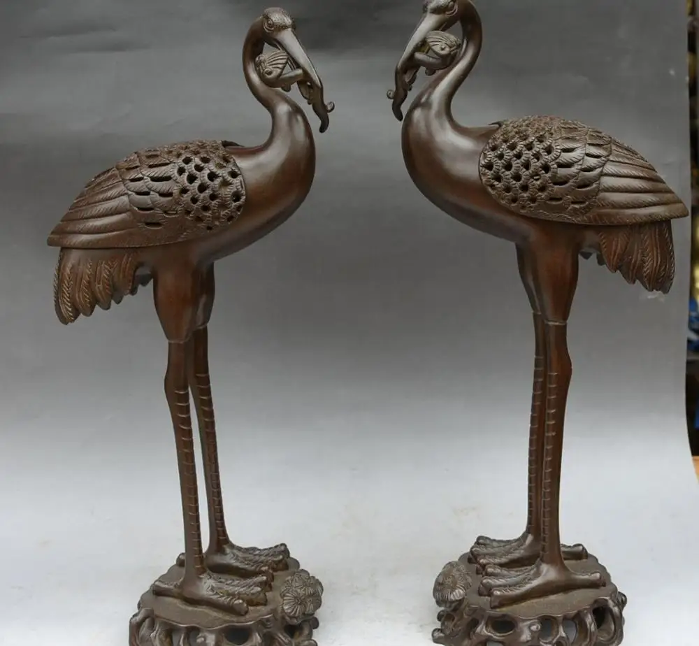 

free shipping 16" China Purple Bronze Red-crowned crane Bird Incense Burner Censer Pair