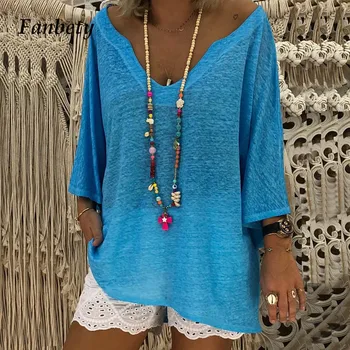 

Fanbety Women's Oversized Solid blouse shirts Ladies 2019 summer sexy deep v neck half sleeve blusa tops elegant loose pullover