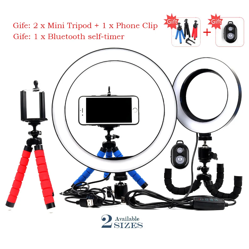 

16/26cm Selfie Ring Light Small Multi-Function Dimmable LED Ring Lamp For Cell Phone Camera Live Stream Makeup Youtube Facebook