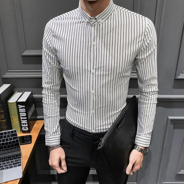 Горячая Распродажа camisa masculina Мода Весна новые мужские рубашки с длинным рукавом slim fit повседневные полосатые рубашки для мужчин качество одежды - Цвет: Белый