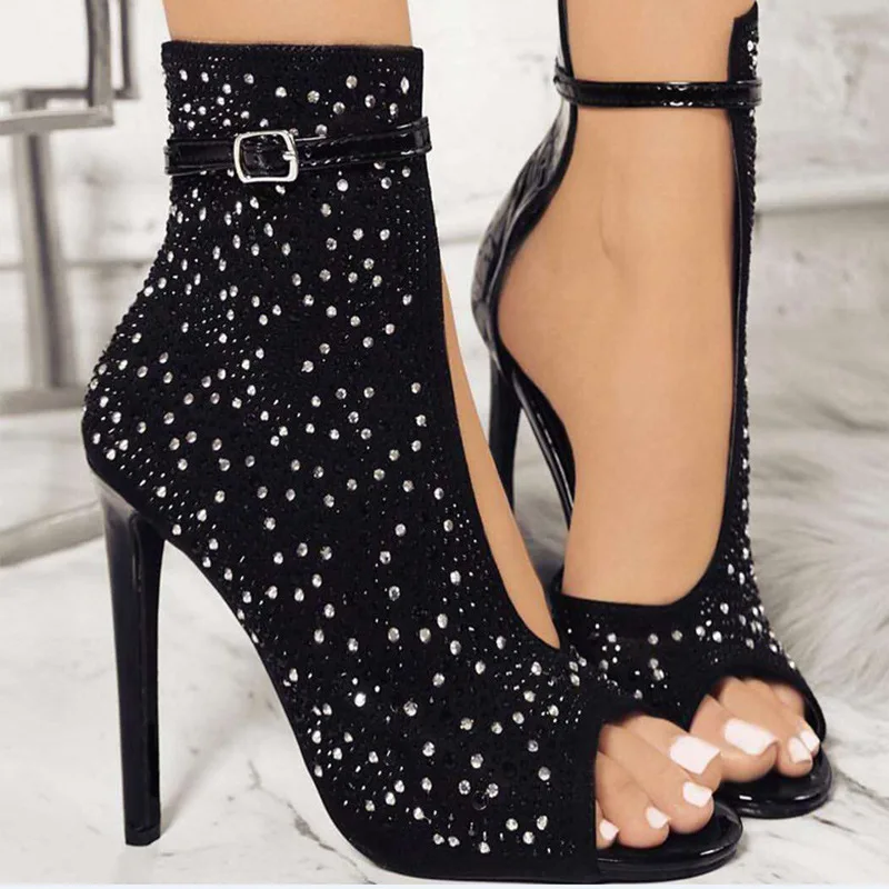 

Women Sandals Shoes Flock Beads Shallow Thin 12cm High Heels Buckle Strap Lady Sexy Party Club Female Pumps Shoes Plus Size