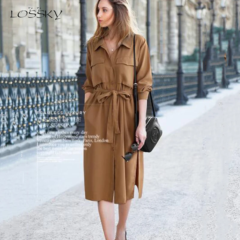 

Lossky Women Dress Korean Style Long Sleeve Knne-length Shirt Dresses Plus Size 4XL Autumn Winter Elegant Office Lady Wild Dress