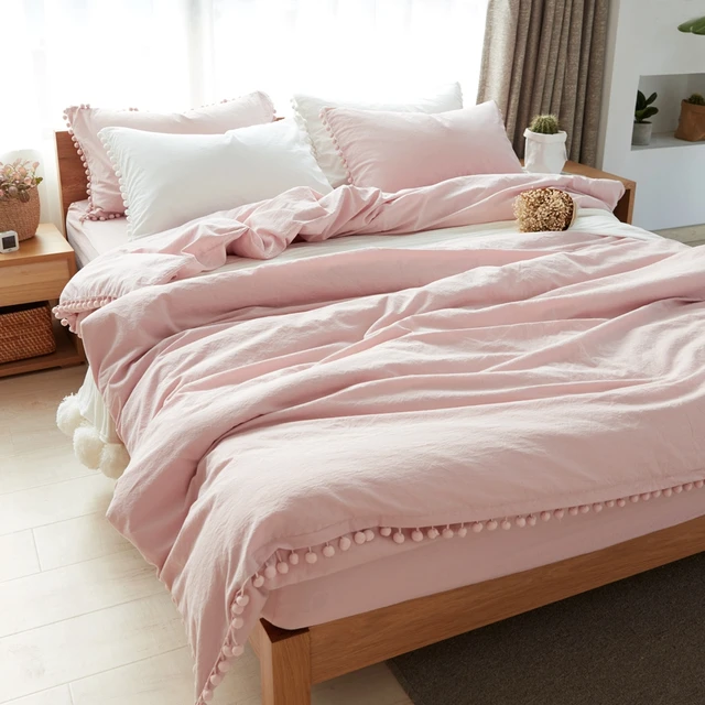 Pom pom edge Bedding sets queen king size for girls 100 washed cotton