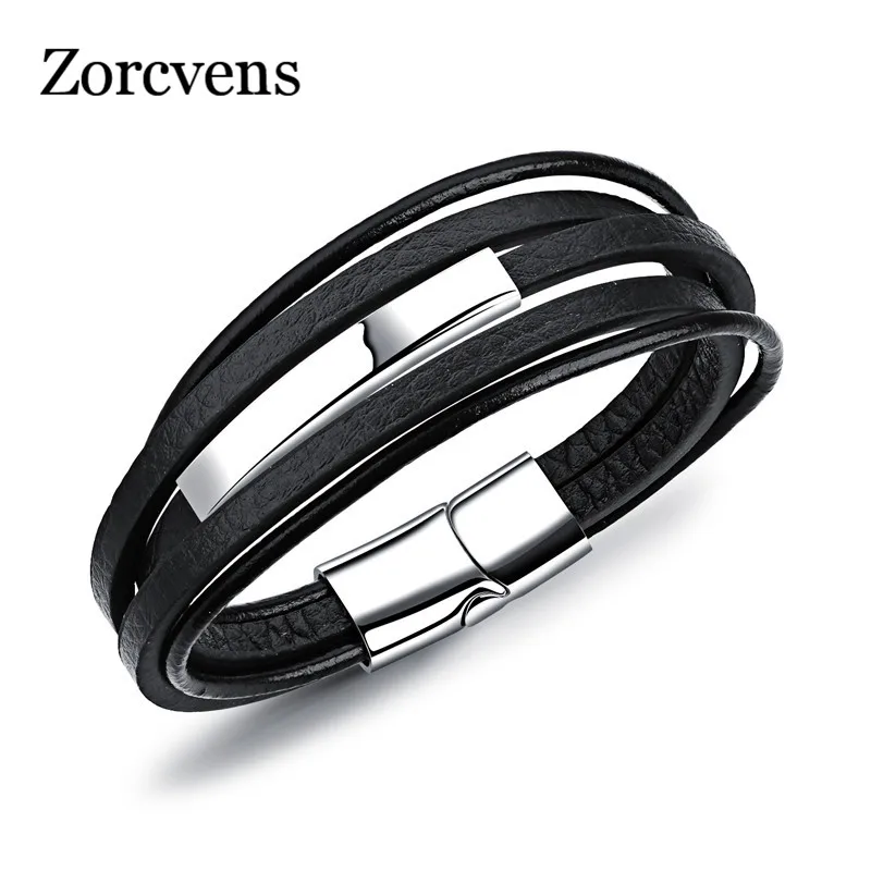 ZORCVENS Мужские украшения панк черный плетеный Geunine кожаный браслет из нержавеющей стали магнитная пряжка модные браслеты
