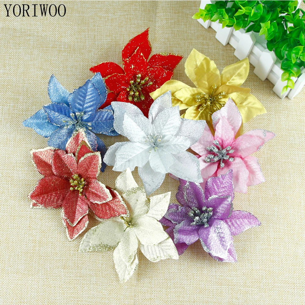 

YORIWOO Decorative Artificial Flowers Christmas Glitter Poinsettia Die Fake Flowers For Wedding Decoration Home DIY Flower Head