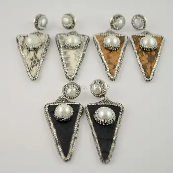 

4Pairs Charm Mixed Color Snakeskin Pearl Earring, Triangle shape with Crystal Zircon Paved Dangle Jewelry Earrings