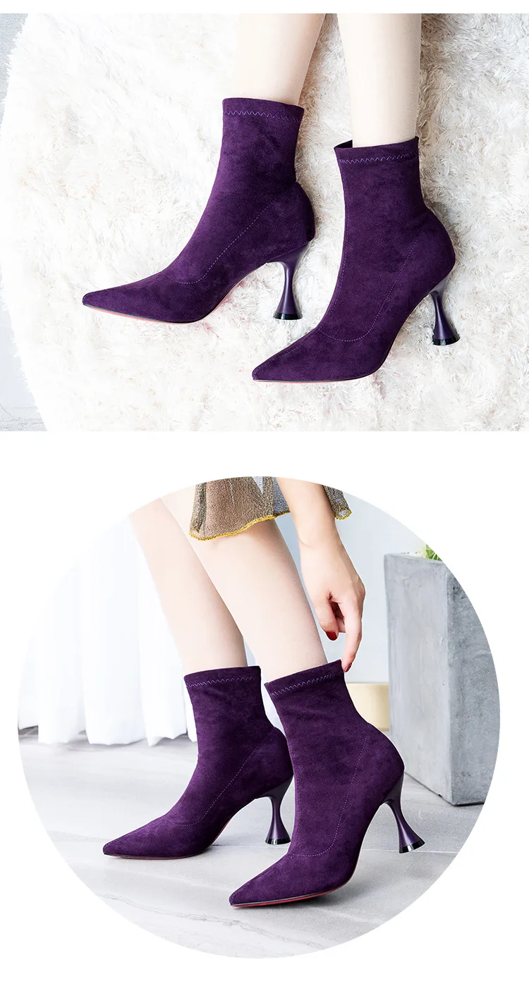 Осенне-зимние ботинки «Челси» из мягкого флока женские тянущиеся носки без застежки на маленьком каблуке фиолетового/красного цвета женские ботинки до середины икры