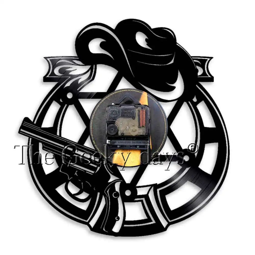 Cowboy Bandit Revolver Pistols Weapons Hat Western Home Decor Wall Clock Outlaw Cowboy Hat and Revolver Vinyl Record Wall Clock