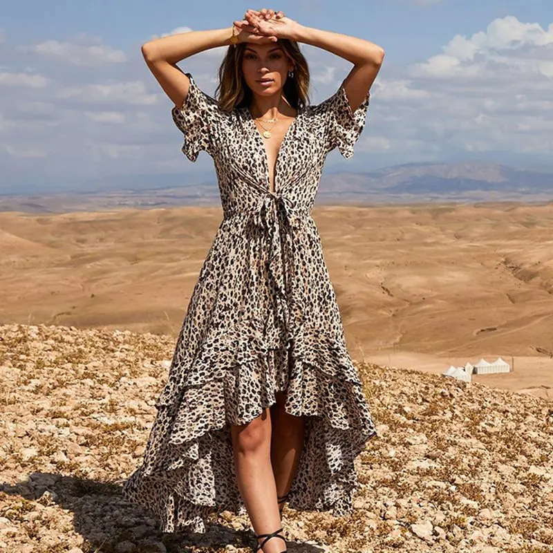 

Chiffon Summer Boho Sexy Club Punk Women Dresses Casual Ruffle Sleeve Leopard Print Party Bow 2019 Female Fashion Maxi Dress
