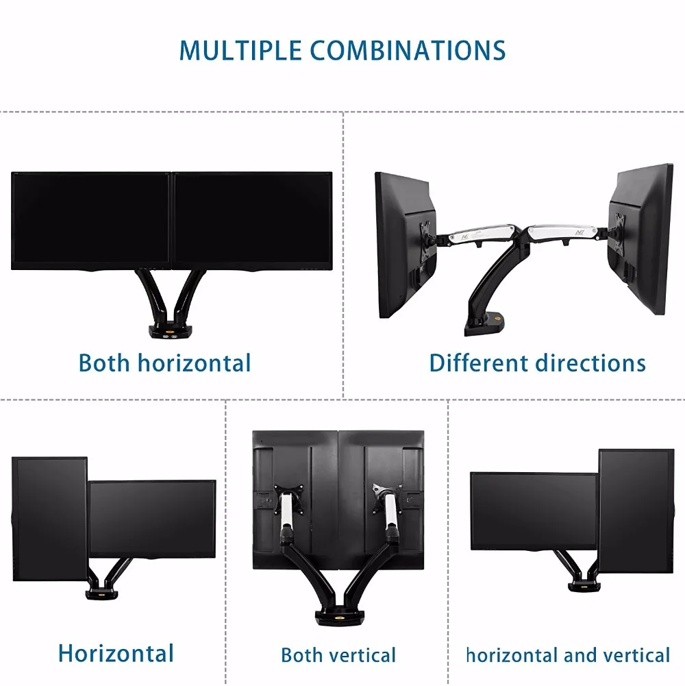 F180 двойной монитор Стенд Настольный держатель полный движения алюминиевый вращающийся газовый пружинный подъемник 17-27 дюймов двойной кронштейн держатель с 2 USB портом
