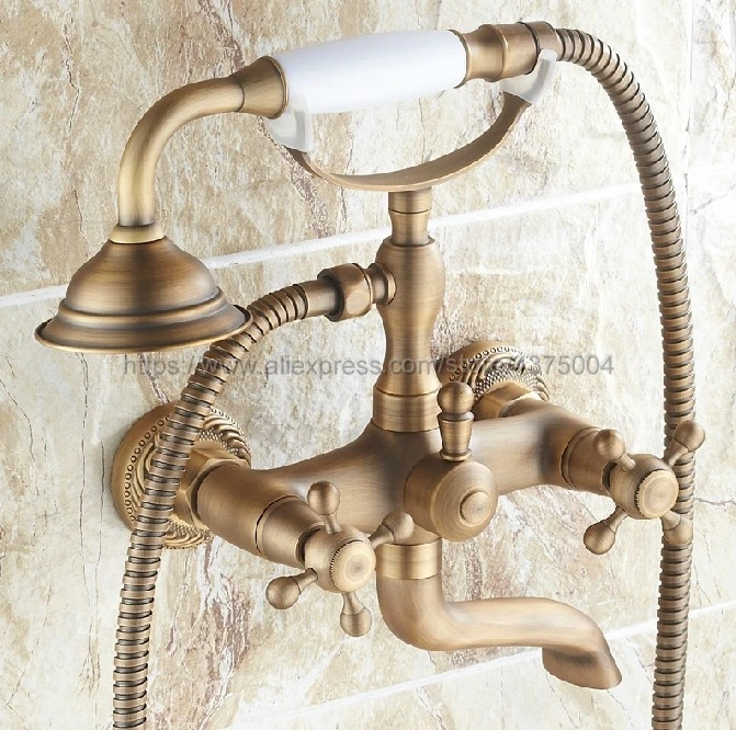 Dual Cross Handles Wall Mounted Antique Brass Bathroom Tub Faucet with Hand Held Shower Sprayer Ntf122
