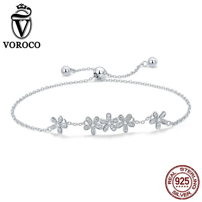 VOROCO Аутентичные 100% 925 пробы Серебряный Маргаритка Цветочные блестящие браслеты 3A