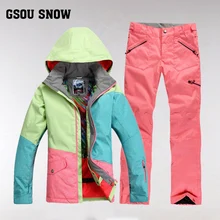 GSOU SNOW Brand лыжный костюм Для женщин Водонепроницаемый лыжная куртка сноуборд-штаны зима Mountain Лыжный Спорт костюм женский открытый спортивная одежда