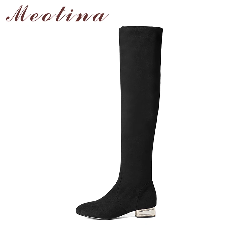 Meotina/женские ботфорты выше колена зимняя обувь на низком каблуке г. Высокие сапоги до бедра черные высокие сапоги на квадратном каблуке Осенняя обувь, размер 33-43, 42