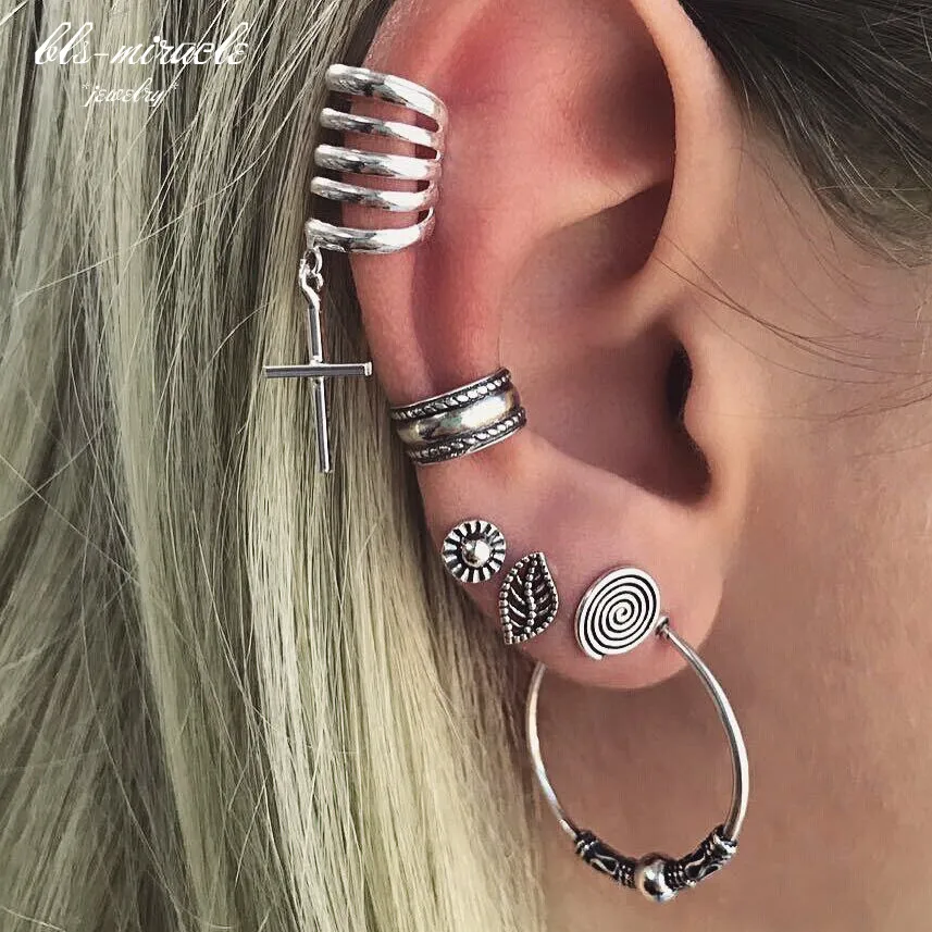

1set=7pieces New Fashion jewelry vintage alloy silver color cross "c" shape stud earrings best gift for girl wholesale E399