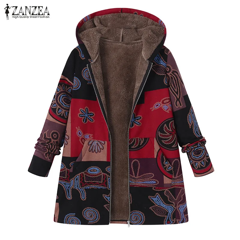 ZANZEA зимняя куртка пальто Женская плюшевая пушистая теплая верхняя одежда повседневная с капюшоном с длинным рукавом Винтажная с принтом ветровка размера плюс