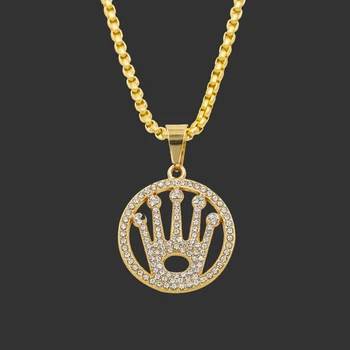 

1PCS Rhinestone Crown Drop Men Necklace Hip Hop Chain Necklaces Pendants Punk Rock Jewelry Gift