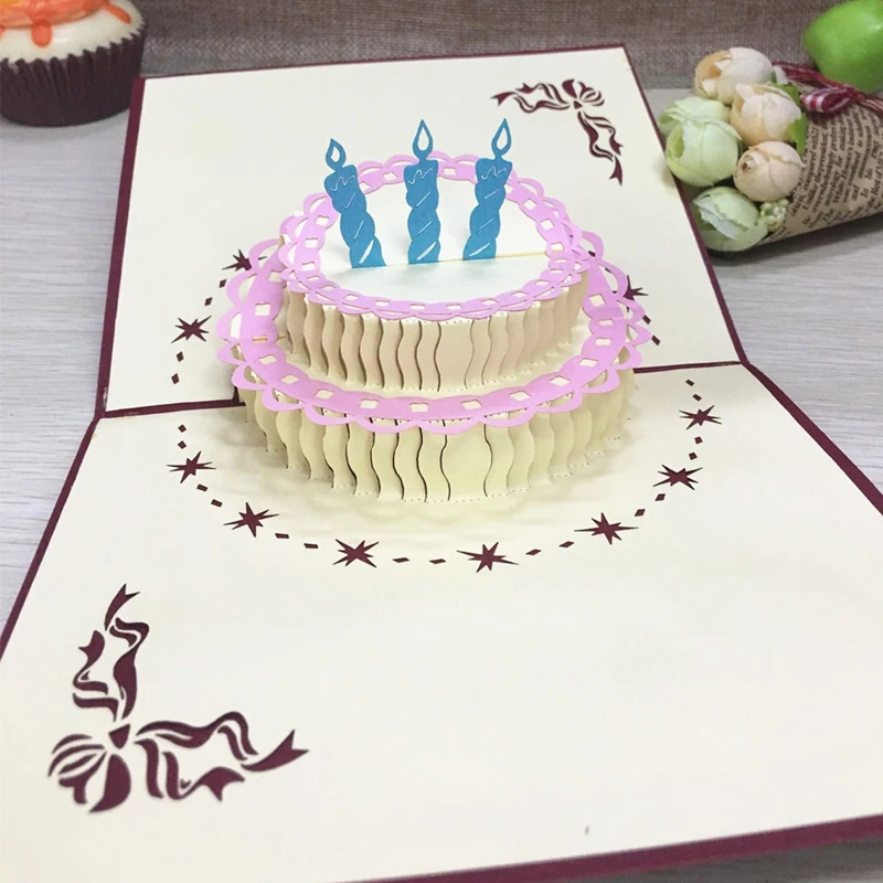 1pcs Birthday Cake 3D Handmade Pop Up Laser Cut Postcard Greeting Gift Cards Kraft Kirigami Blank With Envelope Birthday Gifts (3)