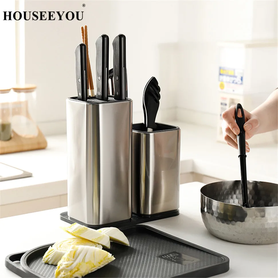 HOUSEEYOU Stainless Steel Kitchen Knife Block Holder Stand with Chopping Cutting Board Multifunctional Kitchen Storage Organizer 03