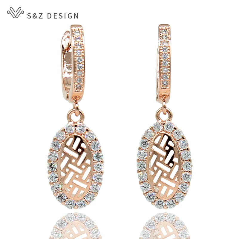 

S&Z New Oval Egg Shape Micro Wax Inlay Zircon Dangle Earrings 585 Rose Gold White Gold For Women Trendy Party Jewelry