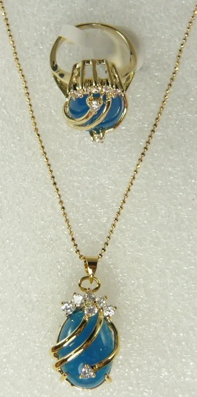 fine 18KGP blue jade CZ pendant ring #6,7,8,9 set