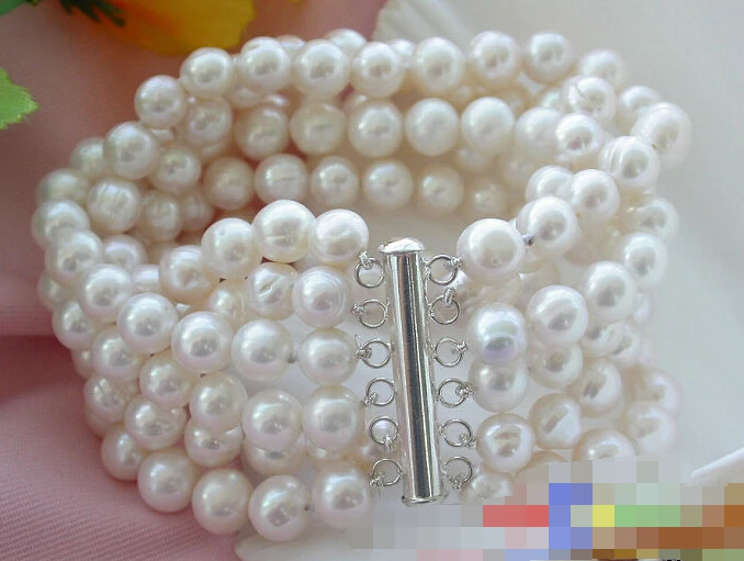 

FREE SHIPPING>>>@@ 0975 6ROW WHITE ROUND FRESHWATER CULTURED PEARL BRACELET