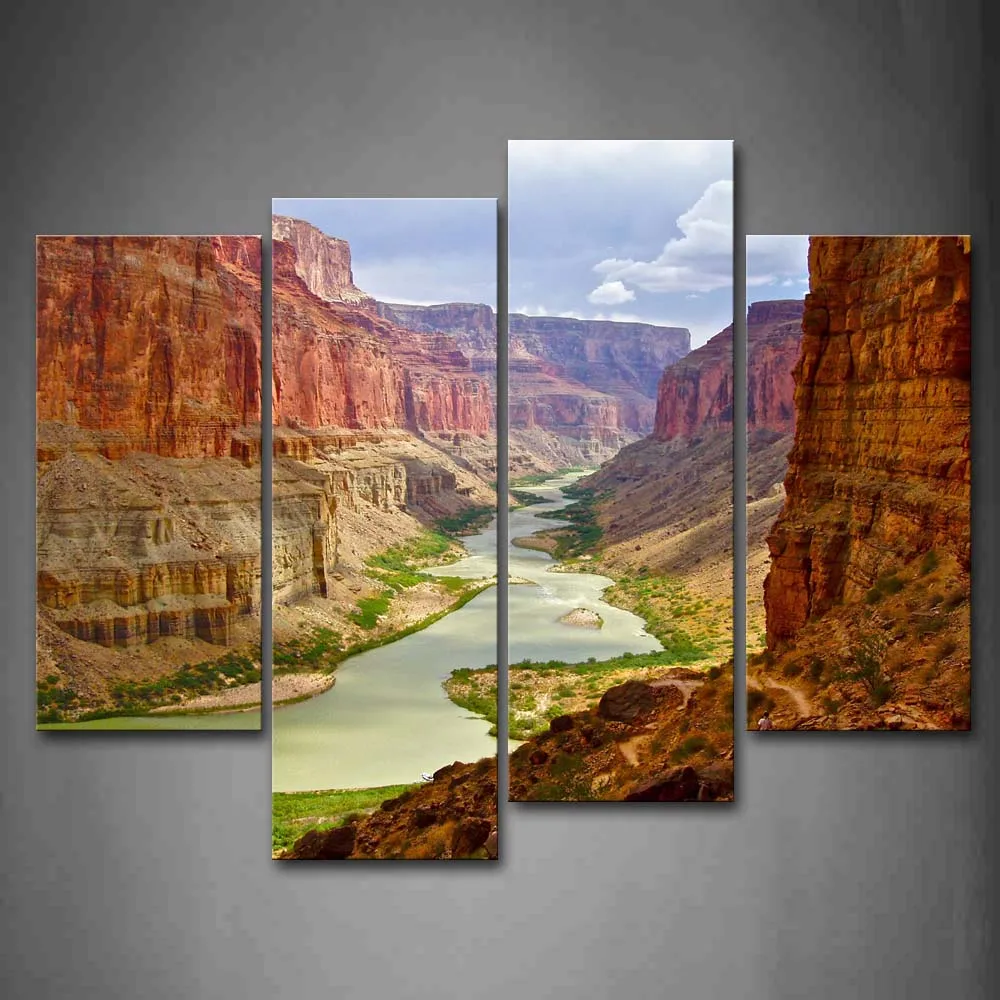 

4 Pics Framed Wall Art Picture River Canyon Canvas Print Landscape Modern Poster With Wooden Frame For Home Office Decor