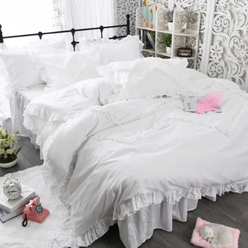 

Korean pastoral princess wind bed skirt cotton pure white girl heart quilt pillowcase cotton bedding set