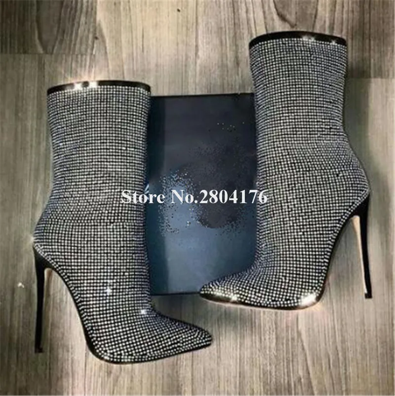 

Женские ботильоны с острым носком, на тонком каблуке, с кристаллами, Клубная обувь, черно-Бежевые ботинки