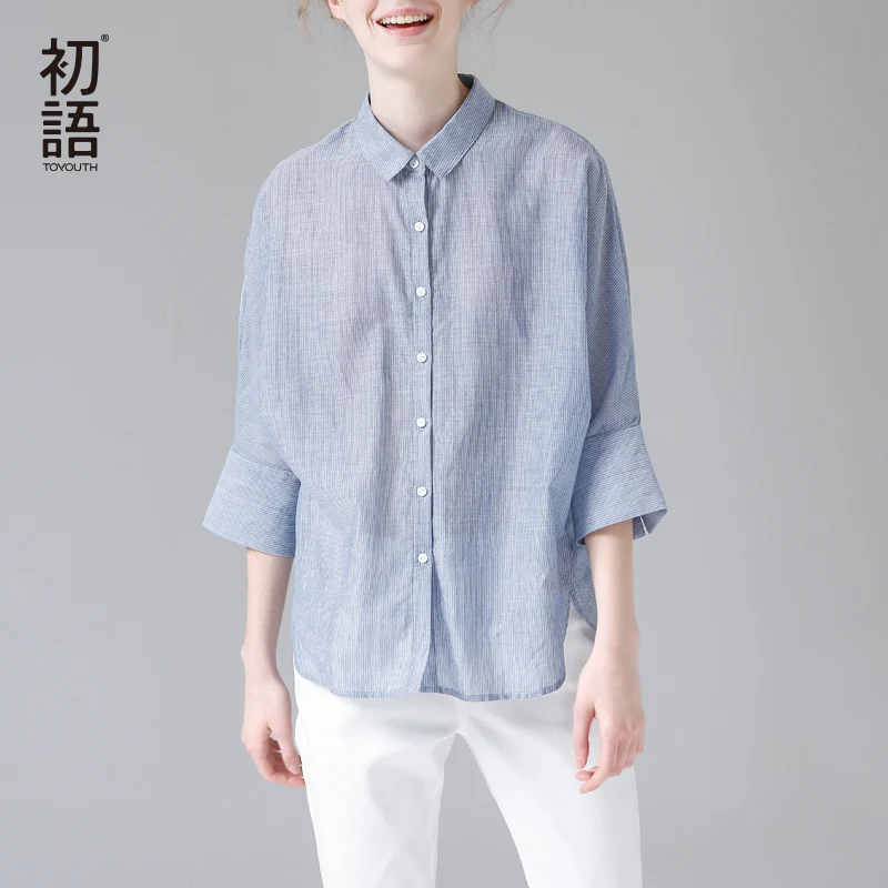 

Toyouth Summer Blouse Women Blue Tops Fashion Vertical Stripe Half Sleeve Shirts Cotton Loose Turn-Down Collar Irregular Blouses