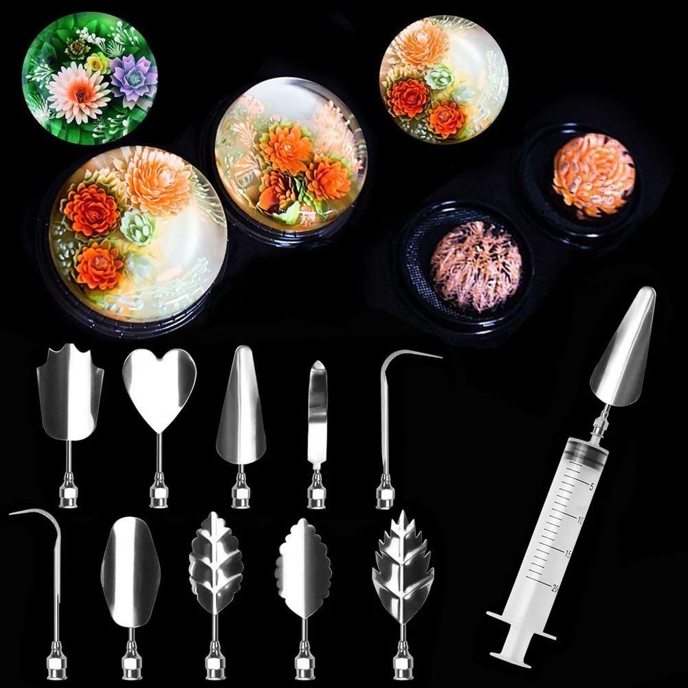 

Baking Aid Guide 11Pcs 3D Jelly Pudding Flowers Art Tools Stainless Steel Pastry Nozzles Syringe Cakes Gelatin Decorating Tool