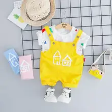 Летние комплекты одежды для маленьких девочек и мальчиков, одежда для младенцев, костюмы, футболка, шорты на подтяжках, Детский Повседневный костюм