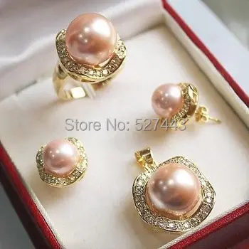 

Wholesale hot sale >>Set 10mm &14mm pink South sea Shell Pearl Earrings Necklace Ring size 7 8 9