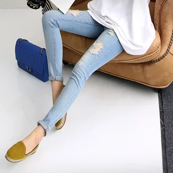 

Maternity Women Ninth Length Denim Casual Distrressed Holes Adjustable Elastic Waist Pant Pregnant Belly Care Slim Leg Trousers