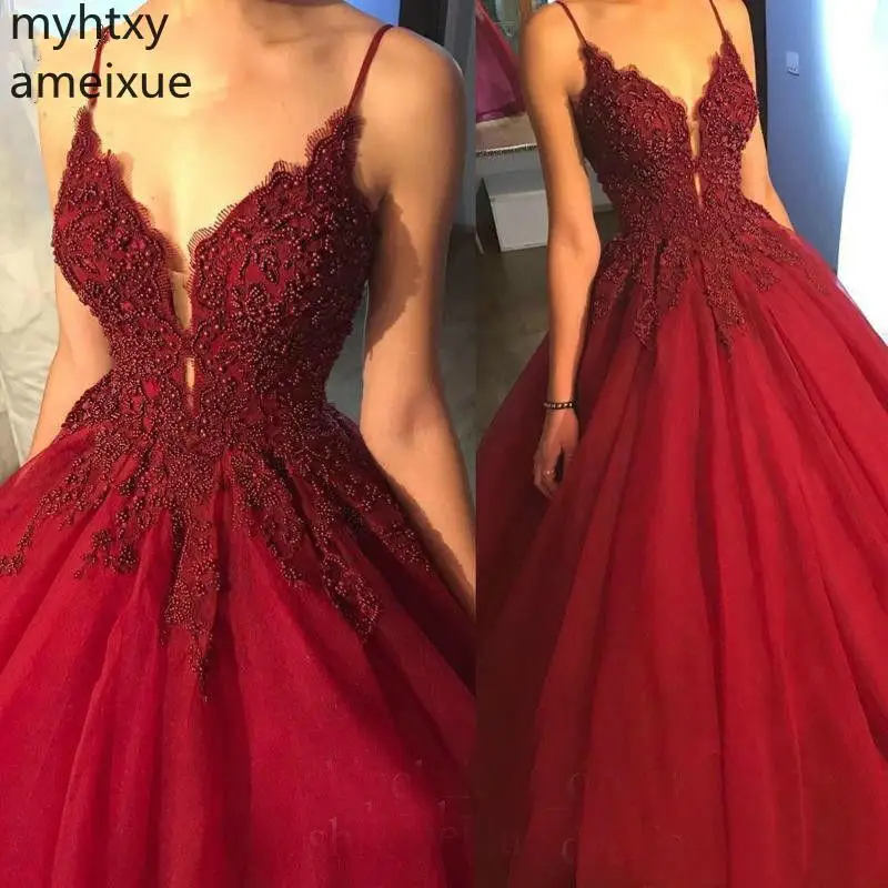 Sexy Red Burgundy 2021 V Neck Long Ball Gowns Long Evening Dress Beading Spaghetti Strap Plus Size Prom Dress Robe De Soiree long formal dresses