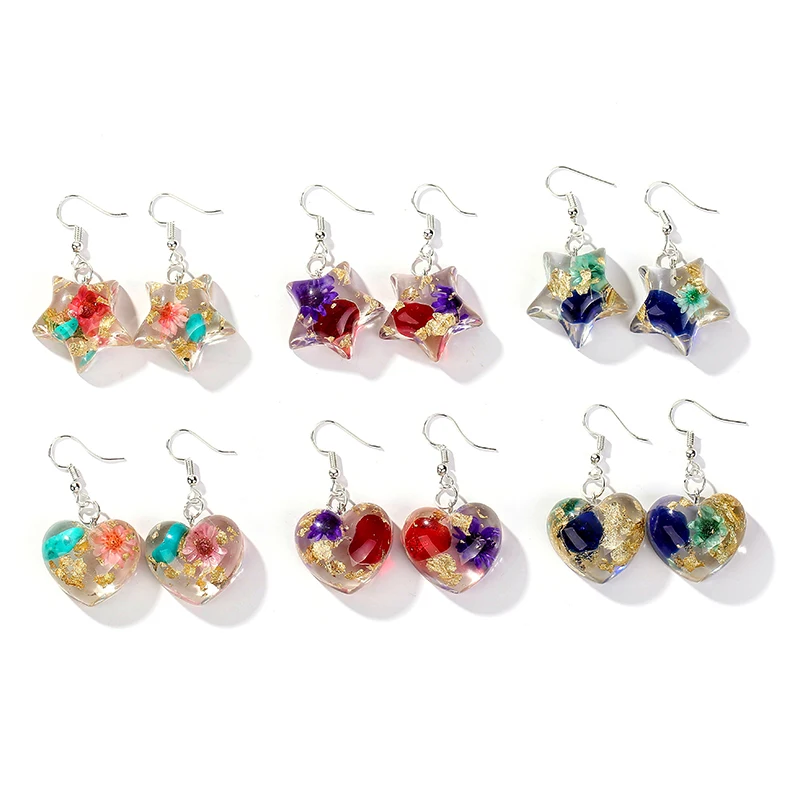 

1pair Fashion Craft Star and heart with flower Drop Earrings Resin earring for Birthday Gift Child Girls Teens Jewelry