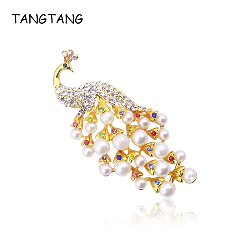 

24K Golden Multi-color Rhinestone Elegant Peacock Brooch Pin Brilliant Fascination Ornament Accessories Pearl Costume Jewelry