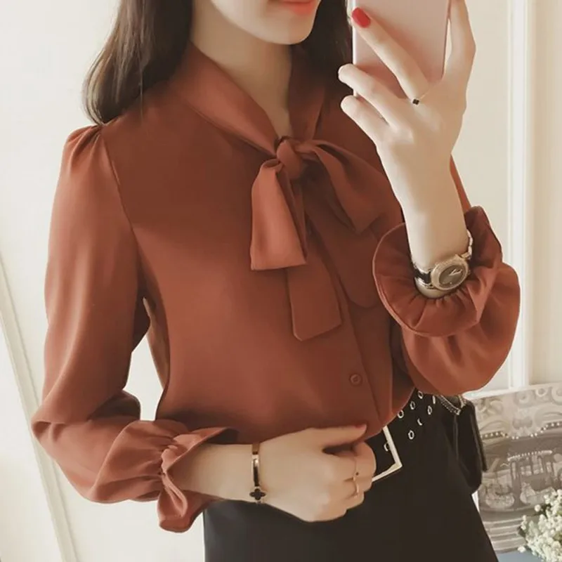 

Long Sleeved Female Shirt Women Sweet Bow Tie Neck Ruffles Chiffon Shirts Loose Blouse Ladies Casual Tops Blusas Solid Y6