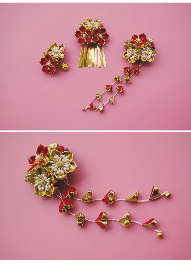 Японский стиль винтажные цветочные аксессуары для волос подвеска красное золото двойные цветы изысканные украшения для волос