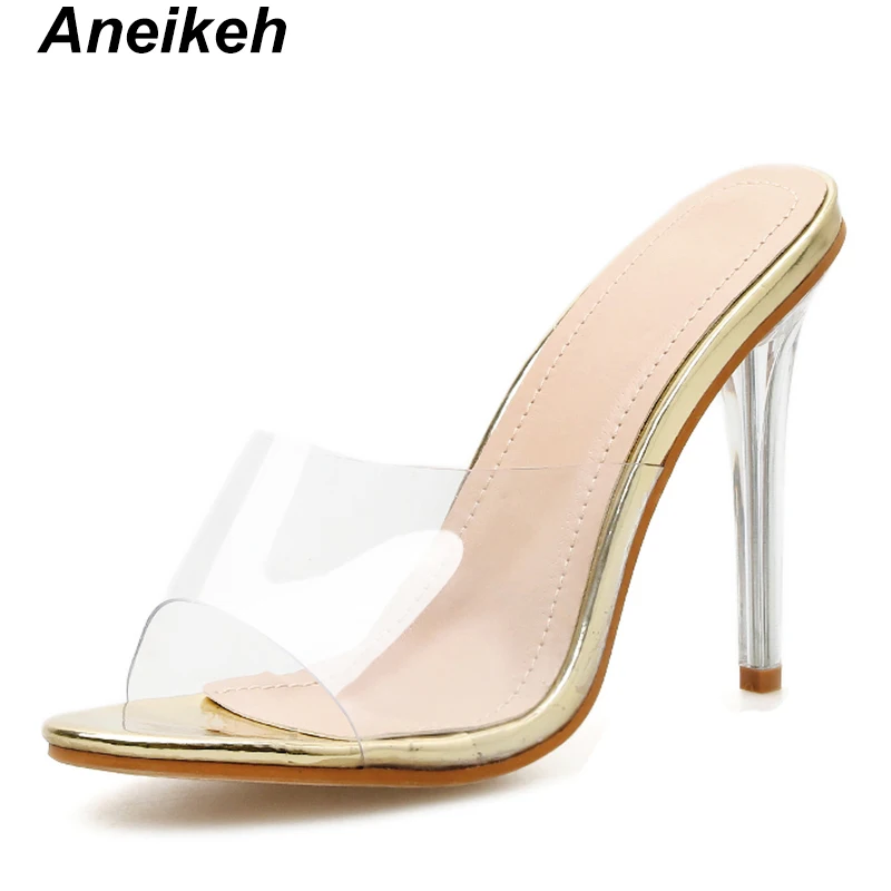 

Aneikeh New Fashion PVC Transparent Slippers Open Toe Perspex Heel Women High Heel Crystal Thin Heels Slip On Slippers Golden