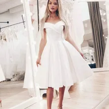Летнее Короткое свадебное платье с открытыми плечами, простое сатиновое Дешевое платье до колена, Новое поступление, белые свадебные платья для невесты