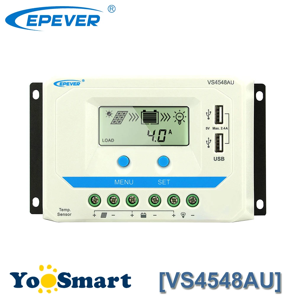 

EPever VS4548AU 45A Solar Charge Controller 12V 24V 36V 48V DC Auto PWM with Informative Black Light LCD display Double 5V USB