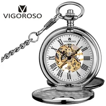 Silver Tone Antique Mechanical Pocket Watch Skeleton Vintage Retro Hand Winding Steampunk FOB Chain Clock Pendant Men Women Gift