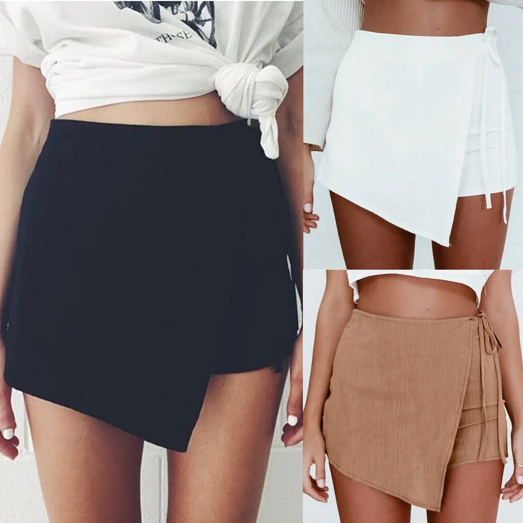 

Women Solid Skirt Womens Skorts Shorts Skirt High Waisted Casual Irregular Flanging Wrap Culottes saia